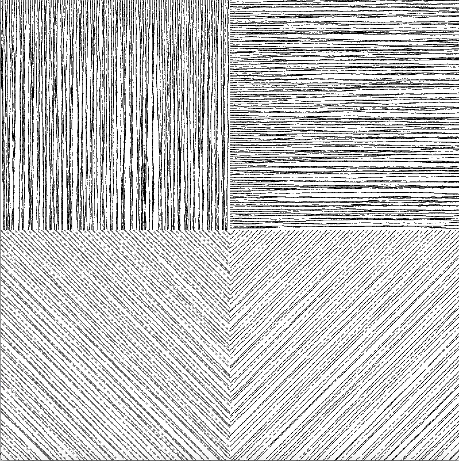 Reproduction de l'oeuvre Lines in four directions each in a quarter of a square de 1969 à partir du logiciel processing.