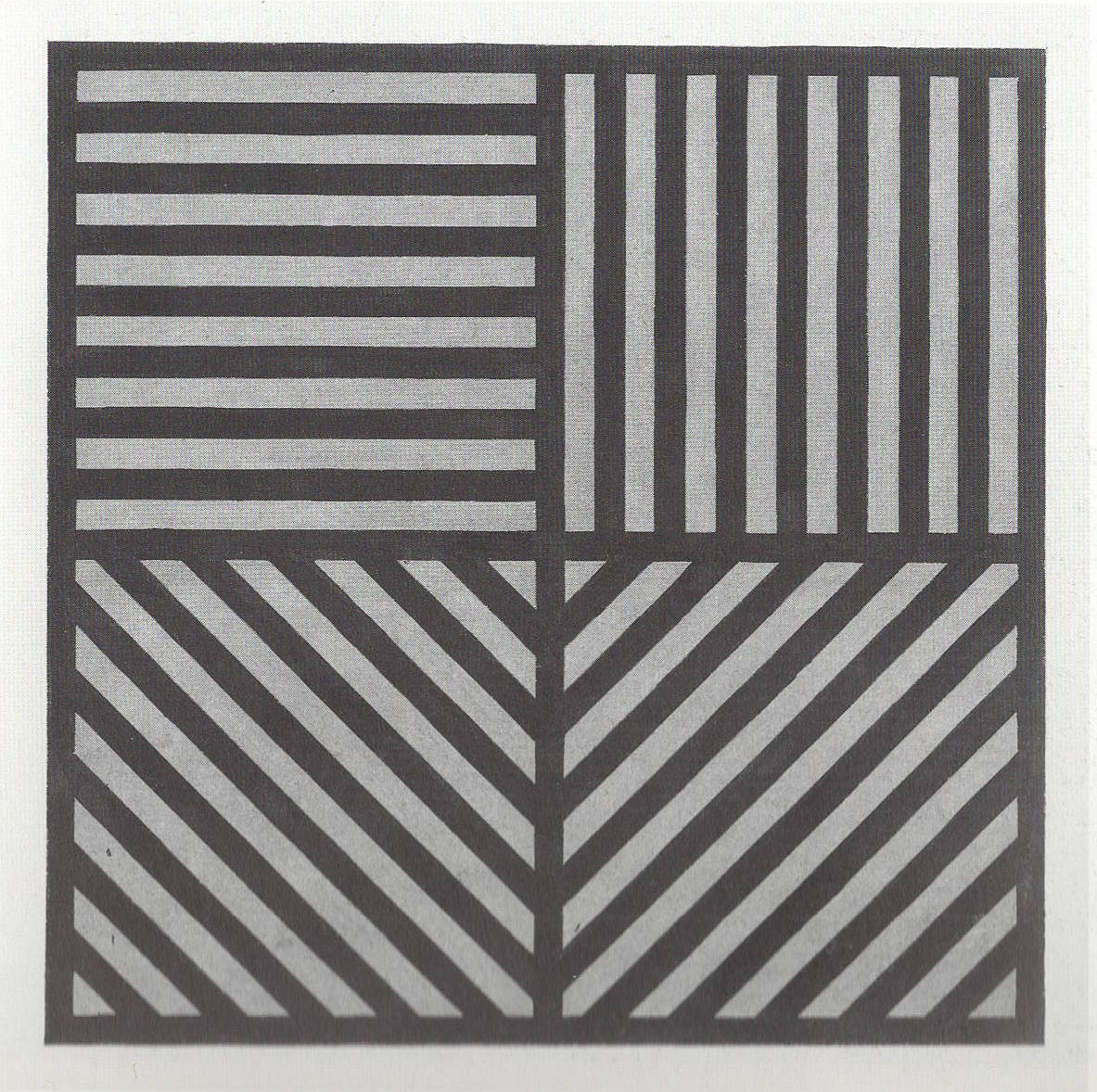 A square divided horizontally and vertically into four equal parts each with a different direction of alternating black and gray parallel bands of lines, 1982.