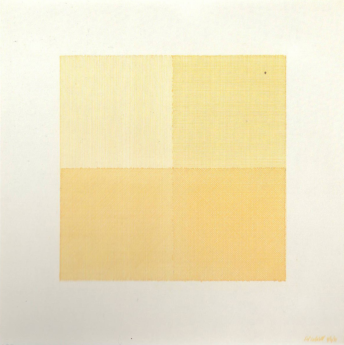 A square divided horizontally and vertically into four equal parts each with lines in four directions, surimposed progressively, 1971.