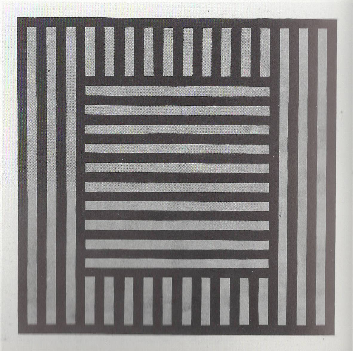 A square within a square with alternating black and gray parallel bands of lines, 1982.