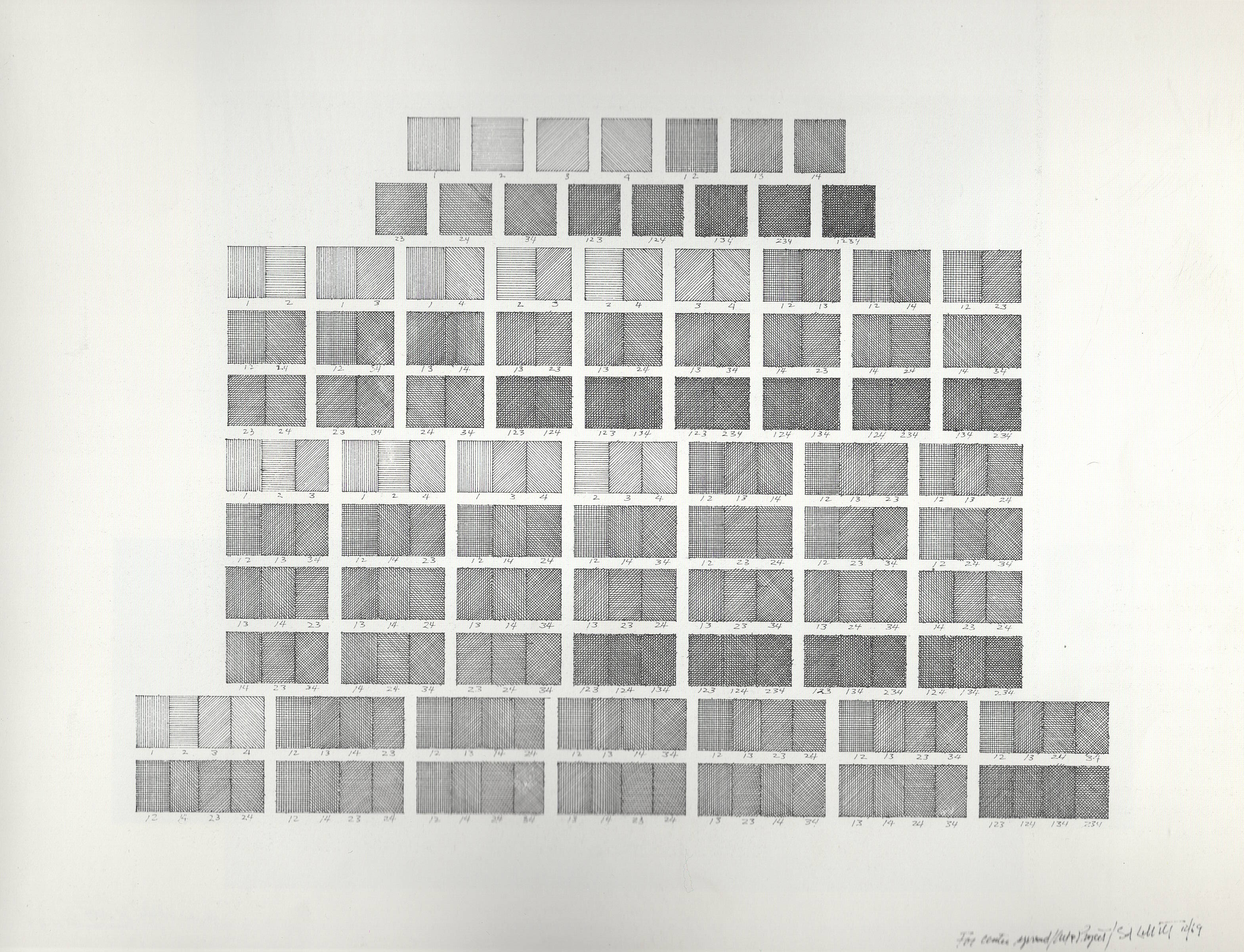 All single double triple and quadruple combinations of lines in four directions in one two three and four part combinations (For Center Spread / Art and Project), 1969.