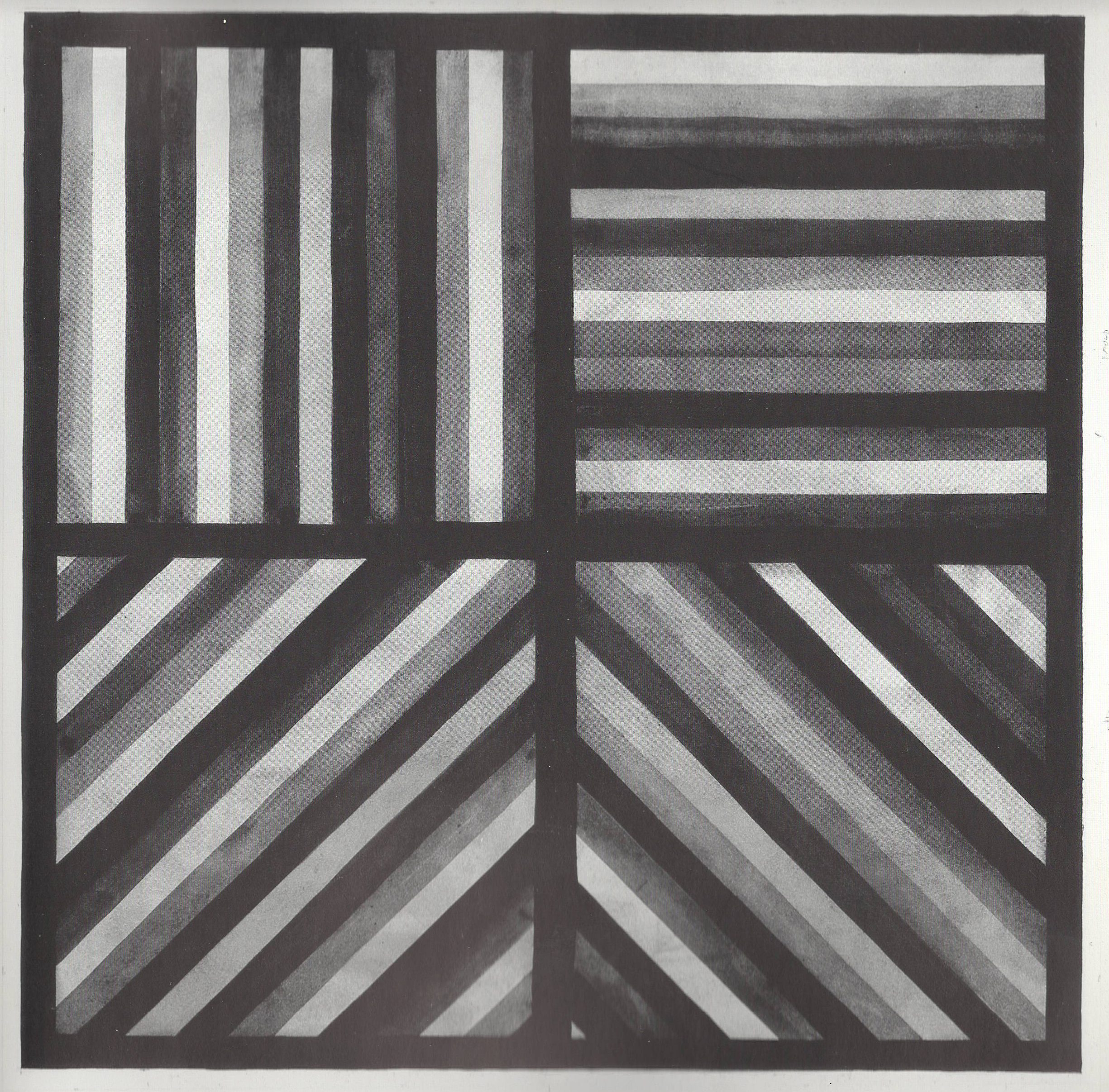 Bands of black white and gray lines in four directions (Within a Square), 1992.