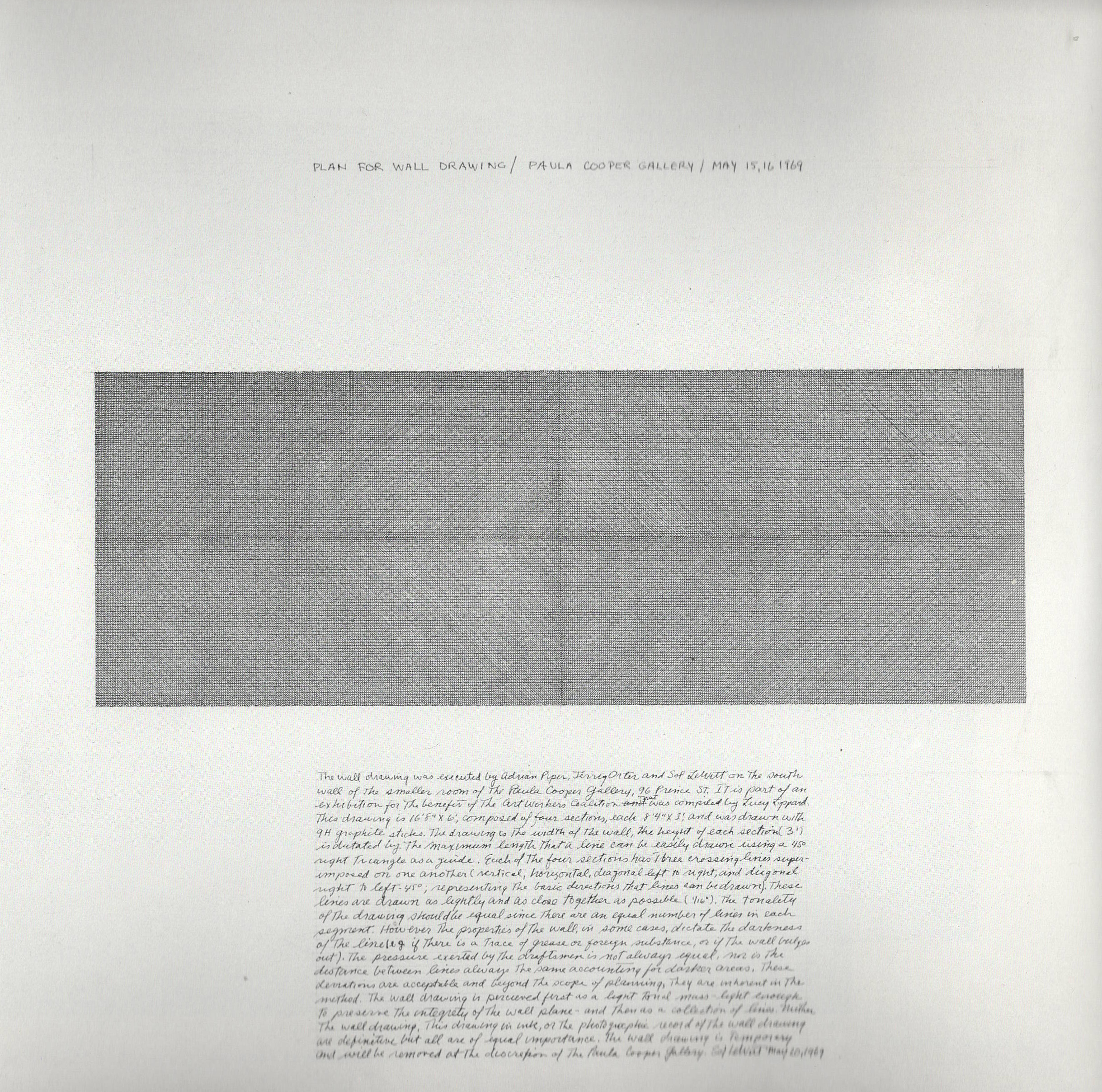 Diagonal lines in two directions superimposed (Plan for Wall Drawing, Paula Cooper Gallery, New York), 1969.