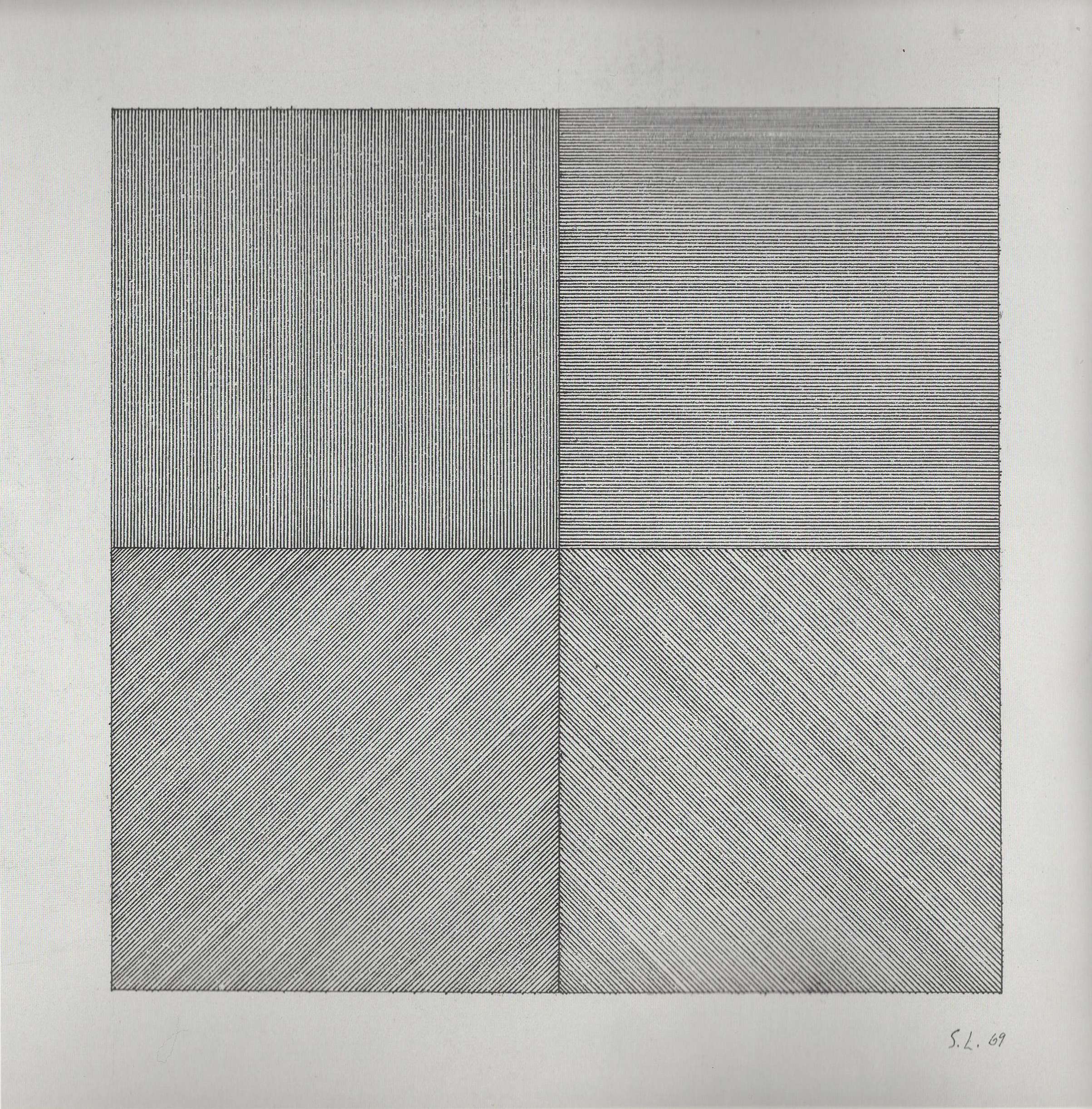 Lines in four directions each in a quarter of a square, 1969.