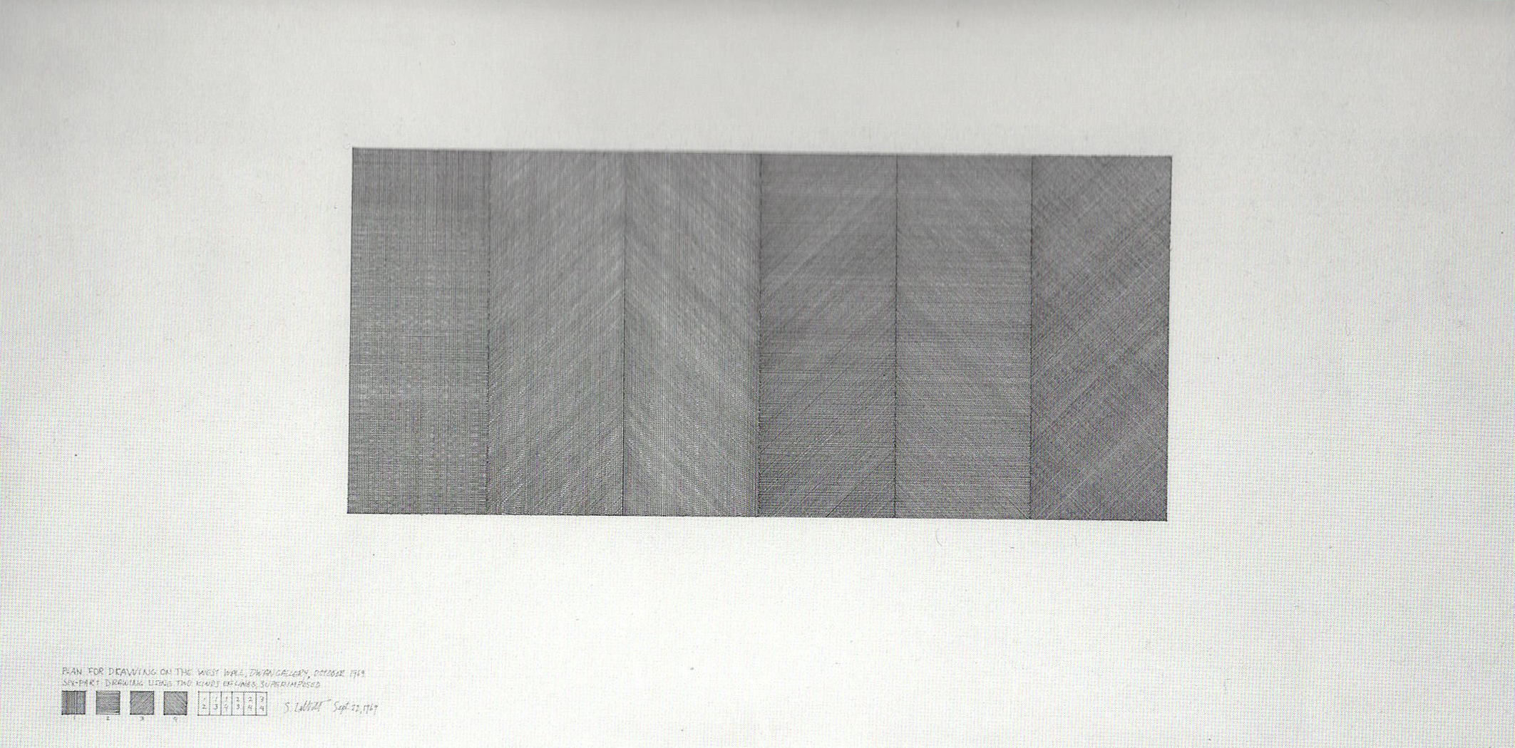 Six part drawing using two kinds of lines superimposed (Plan for Drawing on the West Wall, Dwan Gallery), 1969.