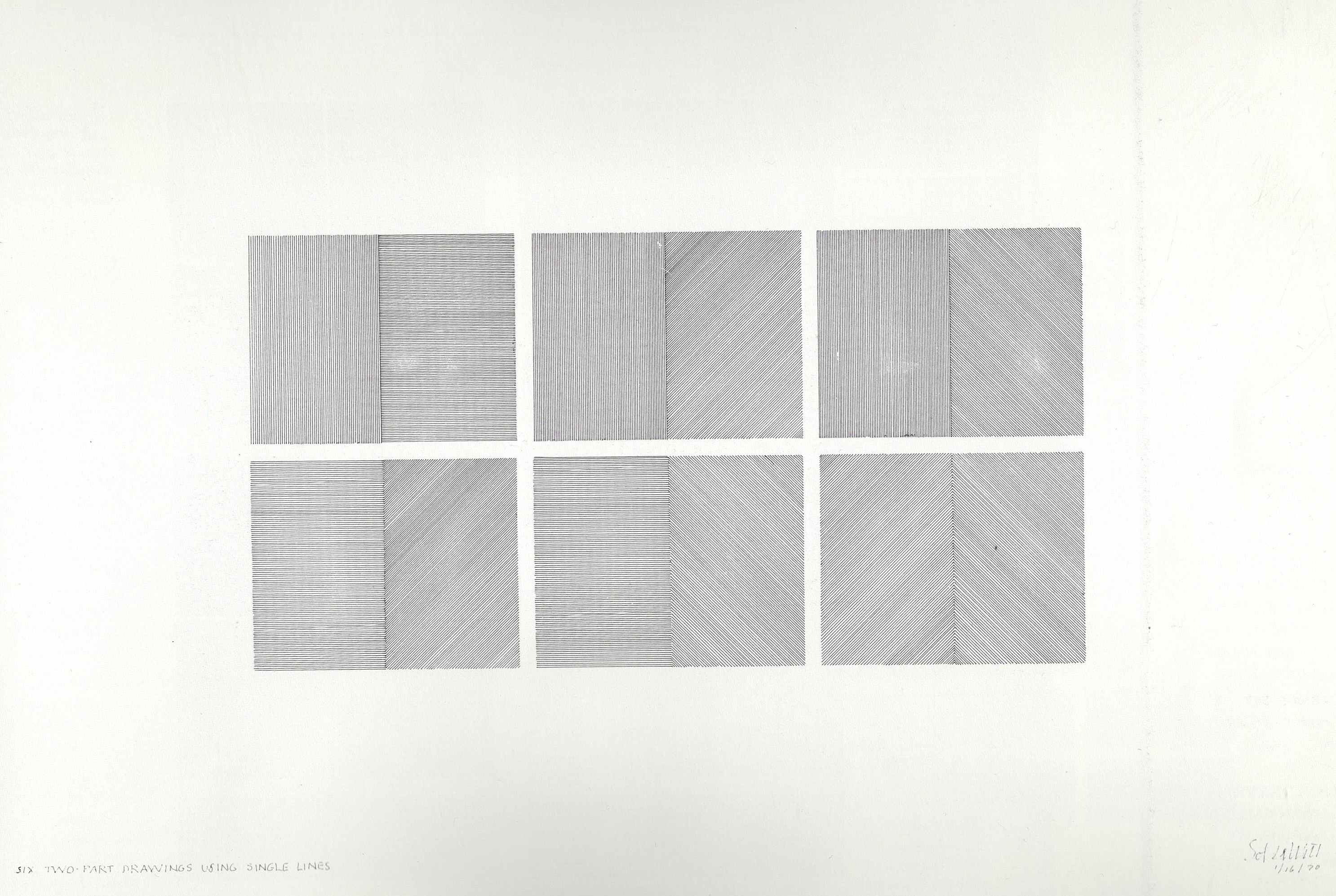 Six two parts drawings using single lines (and one composite), 1970.